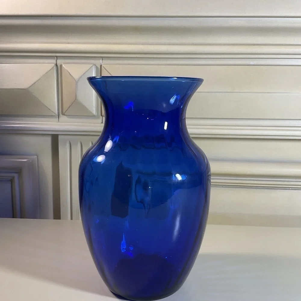 Vintage Ribbed Cobalt Blue Glass Vase Modern Coastal Home Decor